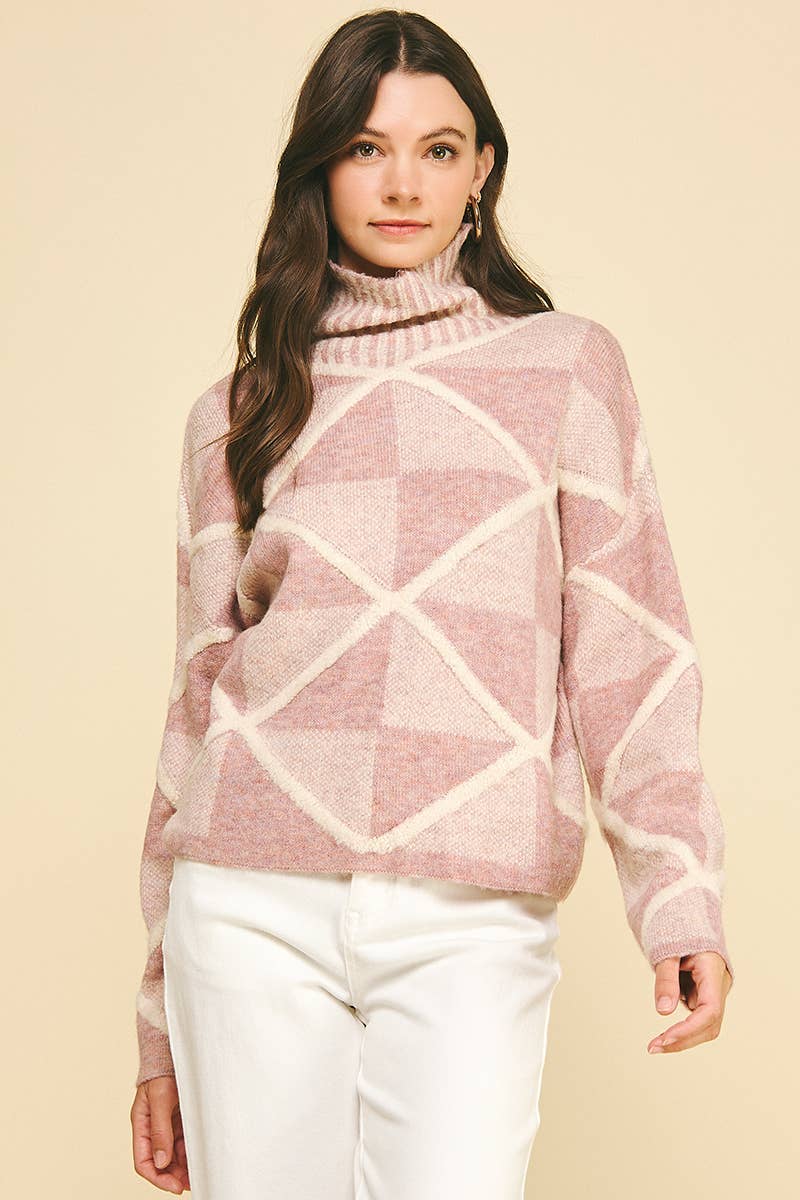 DIAMOND PATTERN TURTLE NECK SWEATER - 6354WS