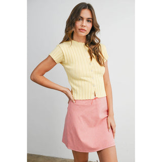 Ribbed Short Sleeve Buttoned Top