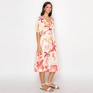 Pink Banana Retro Tropical Print Midi Dress