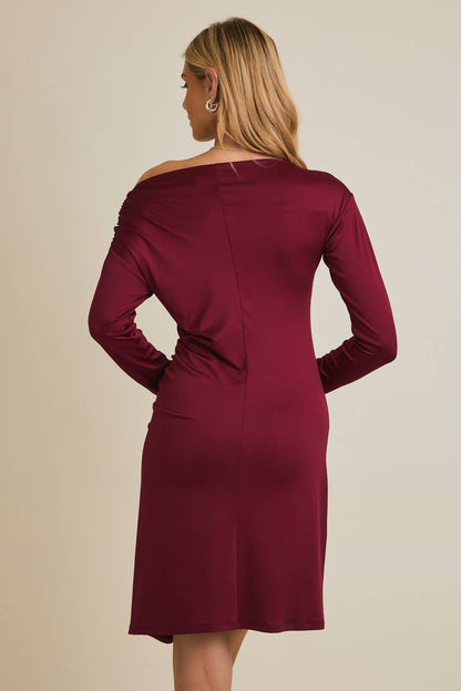 OFF SHOULDER LONG SLEEVE SHIRRING DETAIL MINI DRESS