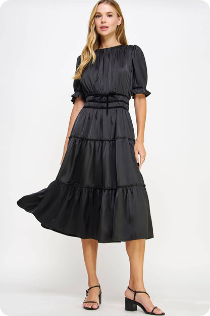 Velvet Trim Ruched Satin Midi Dress
