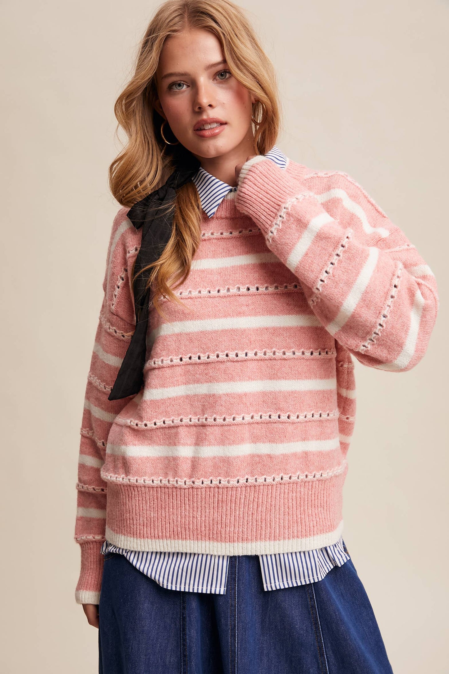Striped Open-Stitch Pullover Sweater LSW1015
