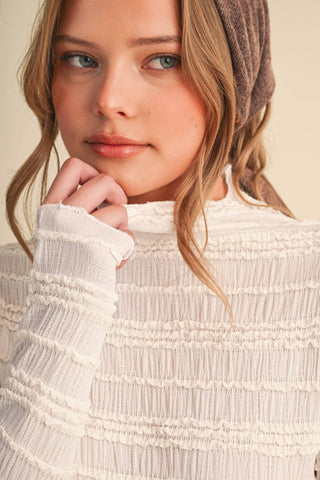 SHIRRED LONG SLEEVE MOCK NECK TOP