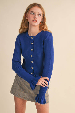 RUFFLE HEM RIBBED KNIT SWEATER CARDIGAN