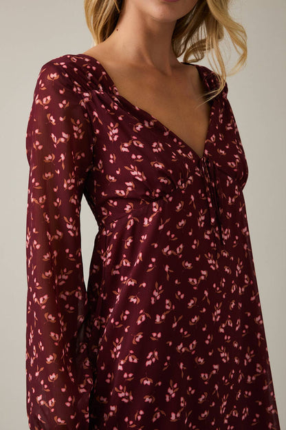 V-NECK LONG SLEEVE BACK SMOCKING FLORAL MINI DRESS