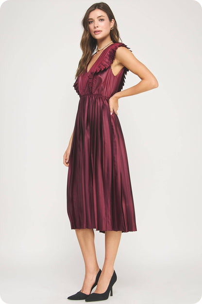 Lady in Luxe Sleeveless Pleated Satin Midi Dress