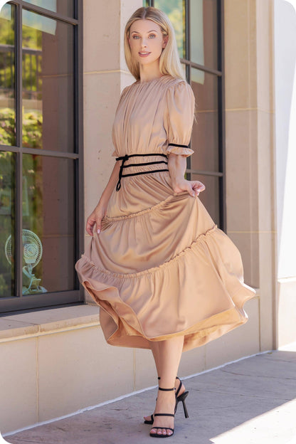 Velvet Trim Ruched Satin Midi Dress