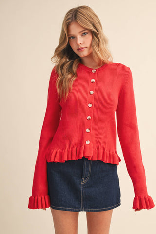 RUFFLE HEM RIBBED KNIT SWEATER CARDIGAN