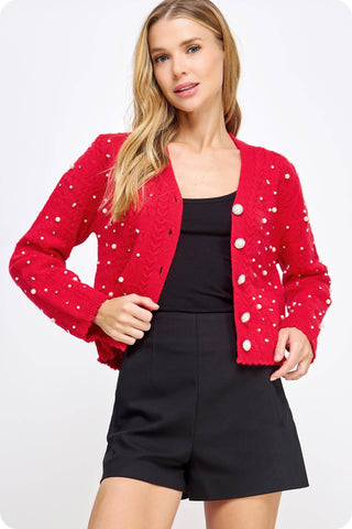 Pretty in Pearls Rhinestone Studded Knit Cardigan