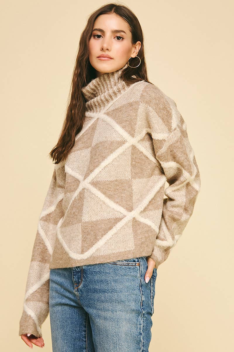 DIAMOND PATTERN TURTLE NECK SWEATER - 6354WS