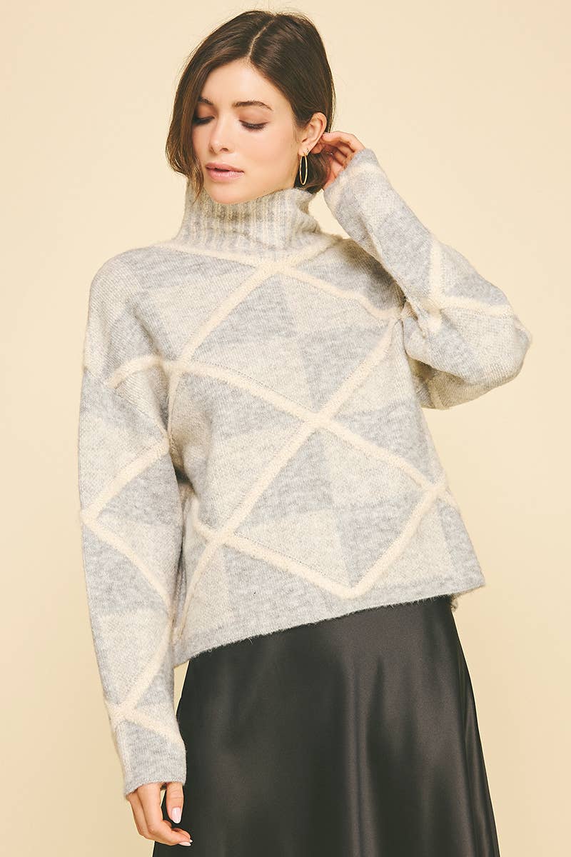 DIAMOND PATTERN TURTLE NECK SWEATER - 6354WS