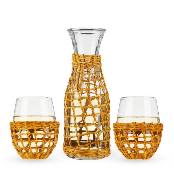 Island Carafe & Stemless Glassware w/Seagrass Wrap -Set of 3