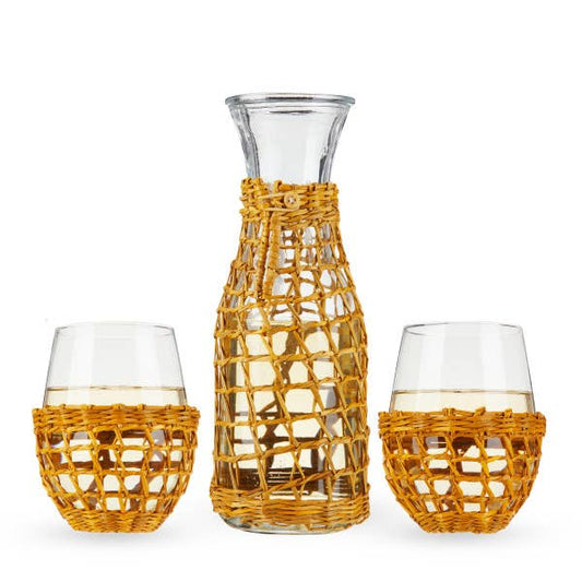 Island Carafe & Stemless Glassware w/Seagrass Wrap -Set of 3