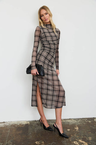 PLAID MESH MIDI DRESS
