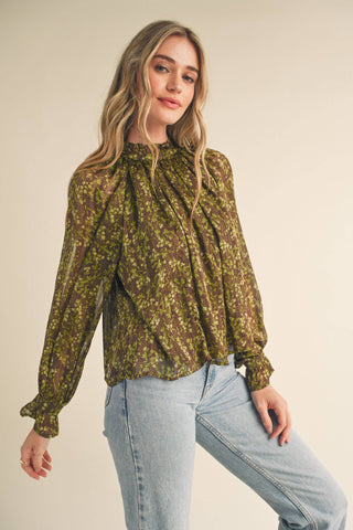 FLORAL LUREX BALLOON SLEEVE TOP