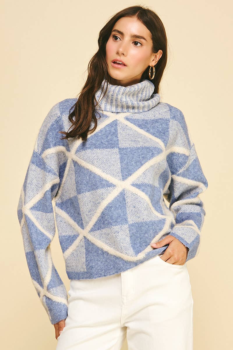 DIAMOND PATTERN TURTLE NECK SWEATER - 6354WS