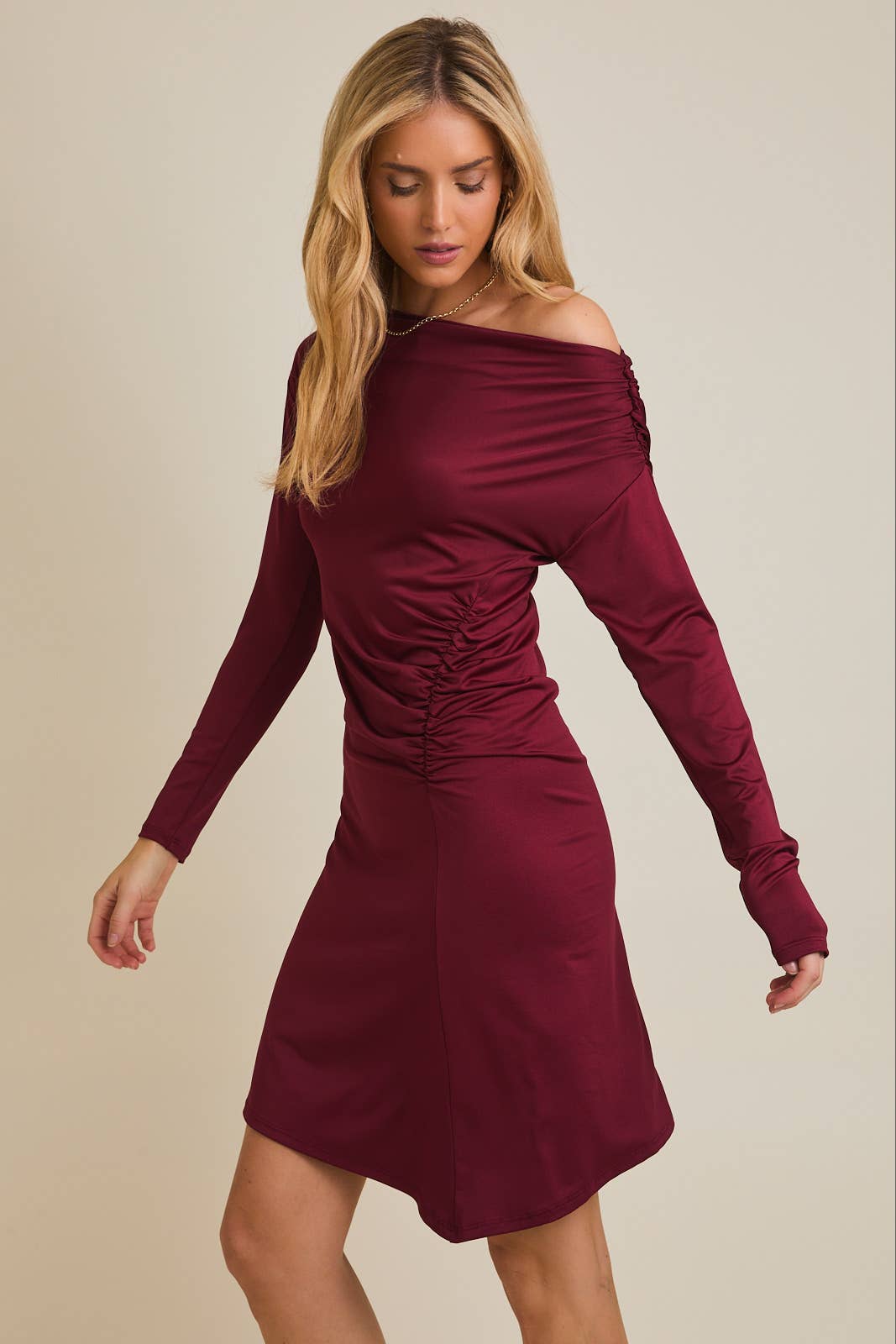 OFF SHOULDER LONG SLEEVE SHIRRING DETAIL MINI DRESS