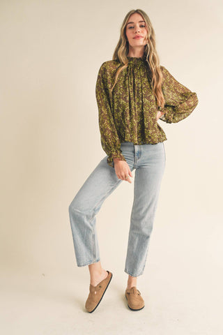 FLORAL LUREX BALLOON SLEEVE TOP