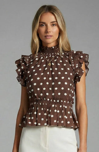 Chestnut Moon Polka Dot Ruffle Blouse