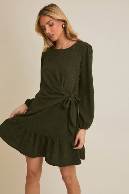 ROUND NECK LONG SLEEVE SIDE TIE DRESS