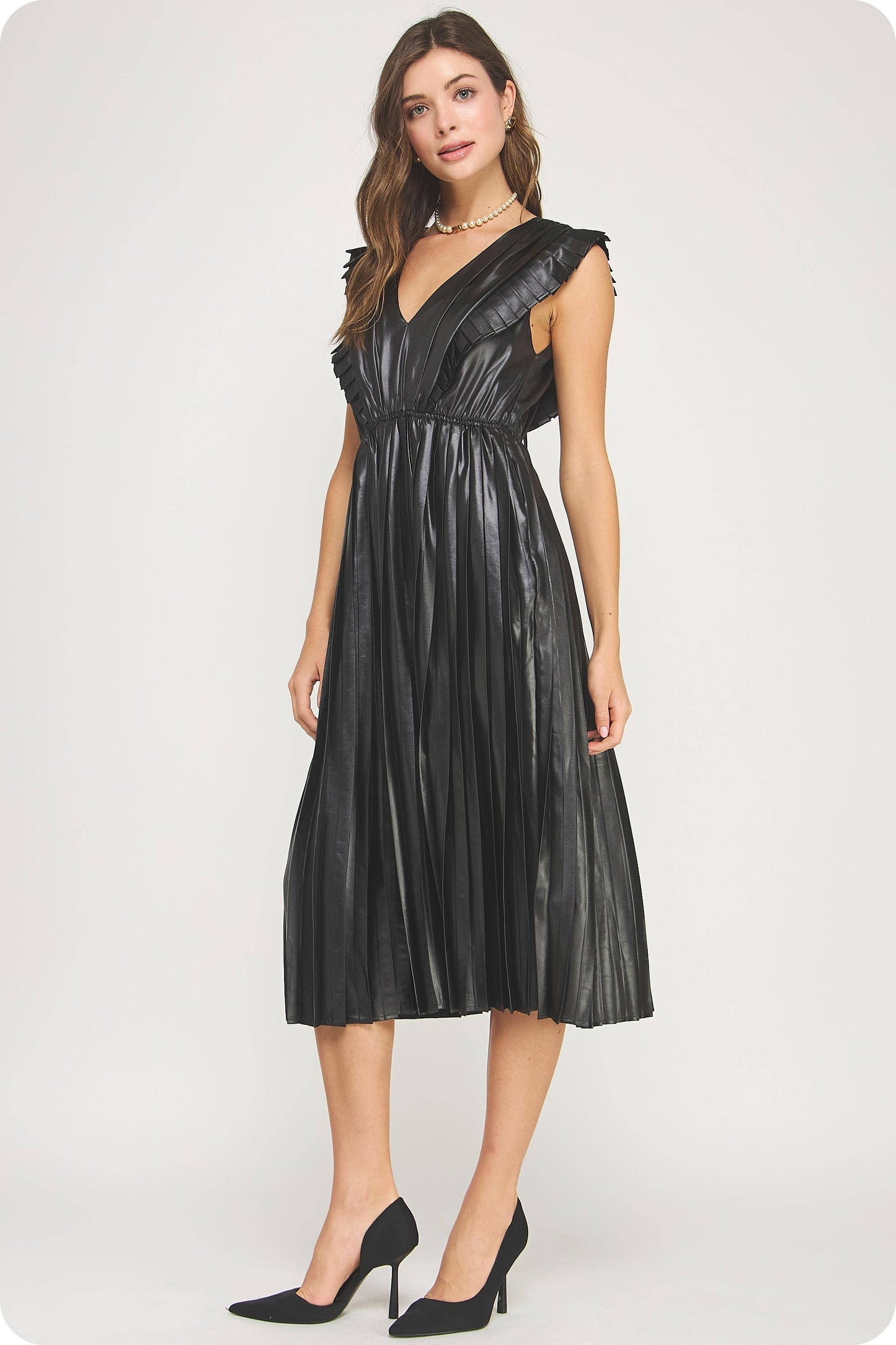 Lady in Luxe Sleeveless Pleated Satin Midi Dress
