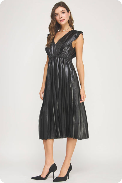 Lady in Luxe Sleeveless Pleated Satin Midi Dress