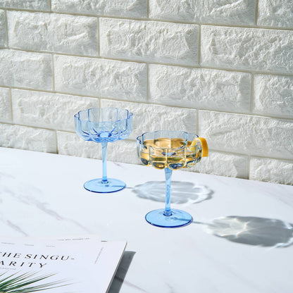 Flower Blue Wave Vintage Champagne Coupe Set of 2 | 7 OZ