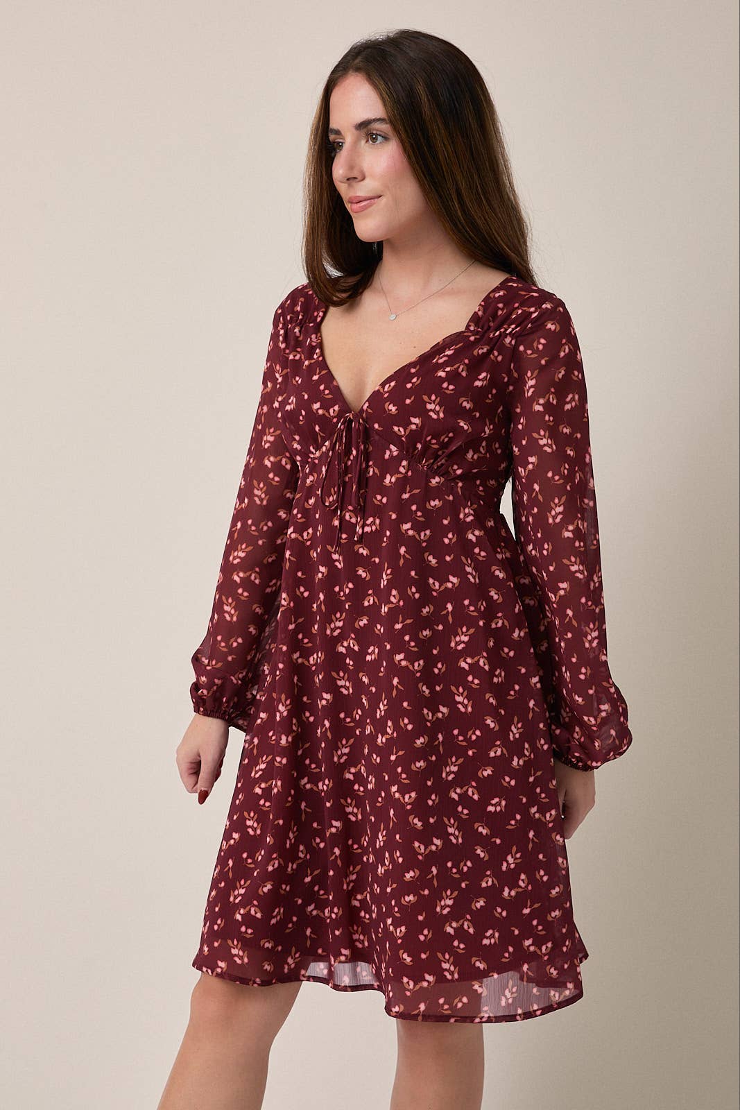 V-NECK LONG SLEEVE BACK SMOCKING FLORAL MINI DRESS