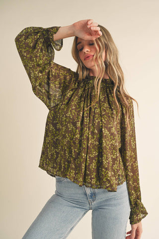 FLORAL LUREX BALLOON SLEEVE TOP