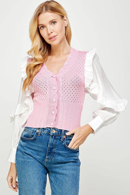 Mixed Fabric Ruffled Sleeve Crochet Knit Sweater