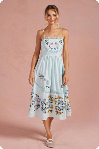 Embroidered Floral Lace Detail Midi Dress