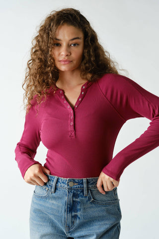 Essential Long-Sleeved Micro-Ribbed Henley Top