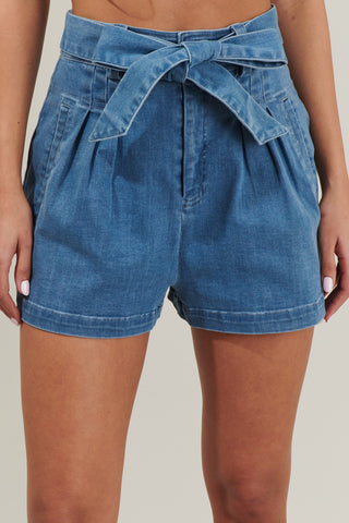 Zoey Sky Pleated Denim Shorts