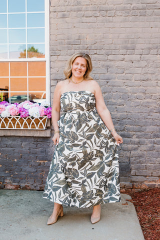 Swaying Palms Strapless Maxi Dress