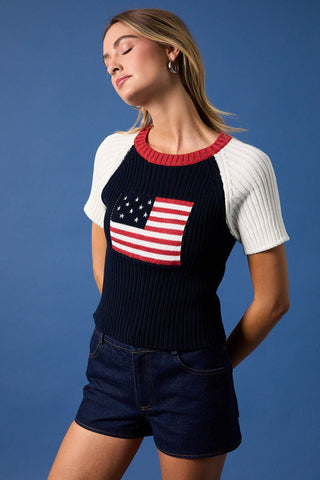 Raglan Short Sleeve Flag Sweater Top