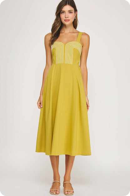 Braid Embroidery Detail Pleated Midi Dress