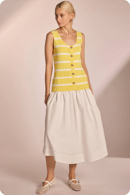 Mixed Media Striped Knit Midi Dress