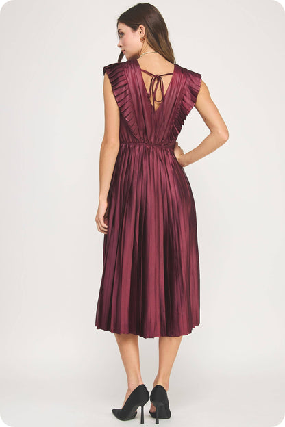 Lady in Luxe Sleeveless Pleated Satin Midi Dress