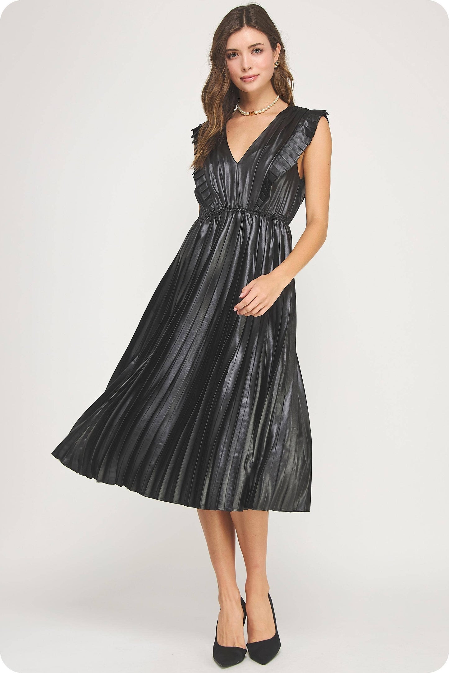 Lady in Luxe Sleeveless Pleated Satin Midi Dress
