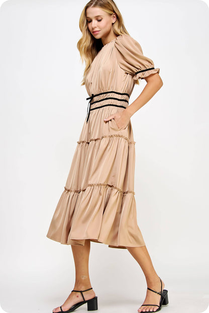 Velvet Trim Ruched Satin Midi Dress