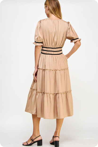 Velvet Trim Ruched Satin Midi Dress