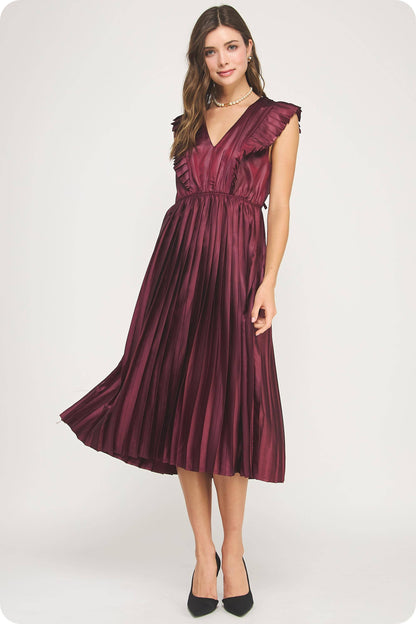 Lady in Luxe Sleeveless Pleated Satin Midi Dress