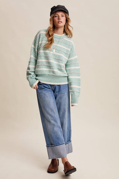 Striped Open-Stitch Pullover Sweater LSW1015