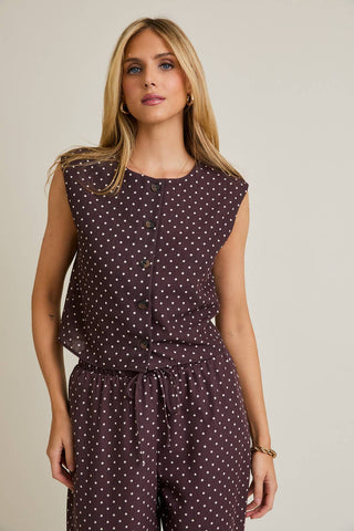 ROUND NECK SLEEVELESS BUTTON UP DOT TOP