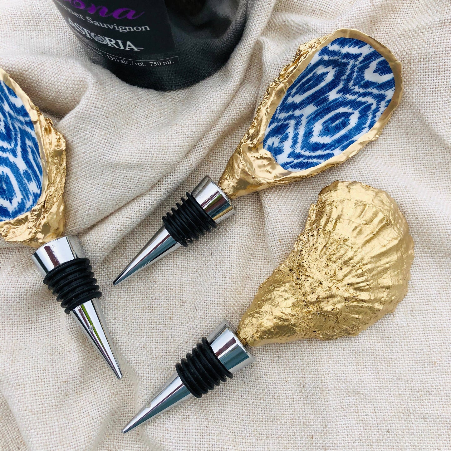 Oyster Shell Wine Stopper--Blue Ikat