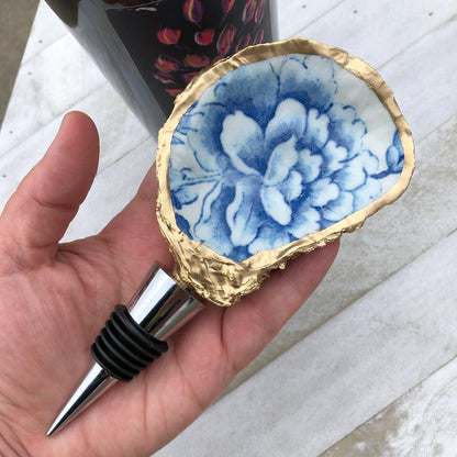 Oyster Shell Wine Stopper--Blue And White Chinoiserie