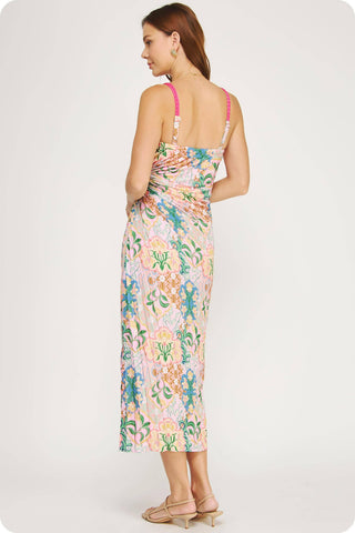 Summer in the Garden Pleated Satin Midi Dress