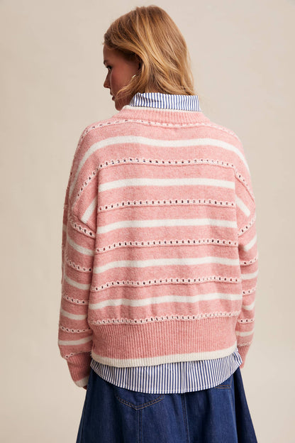 Striped Open-Stitch Pullover Sweater LSW1015