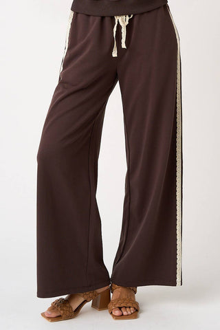 LACE STRIPED ELASTIC WAIST TERRY SWEATPANTS