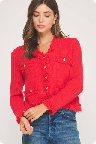 Frayed Trim Textured Cardigan